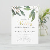 Elegant groen blad goud script gom bloesem bruilof kaart (Staand voorkant)