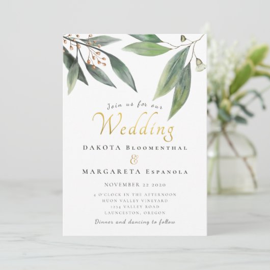 Elegant groen blad goud script gom bloesem bruilof kaart (Staand voorkant)