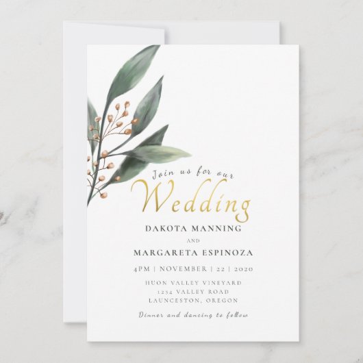 Elegant groen blad gouden script bruiloft kaart (Voorkant)