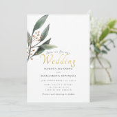 Elegant groen blad gouden script bruiloft kaart (Staand voorkant)