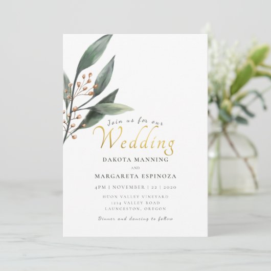 Elegant groen blad gouden script bruiloft kaart (Staand voorkant)