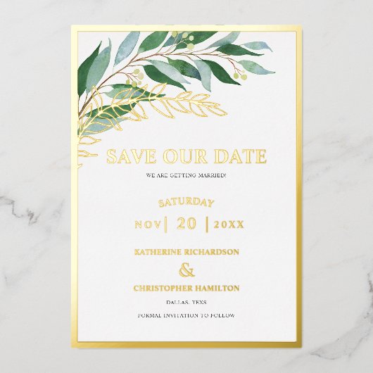 Elegant groen blad groen bewaar de datum folie uitnodiging (Voorkant)