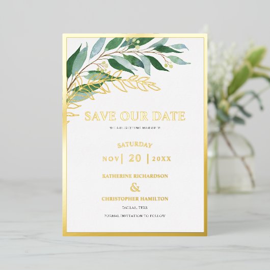 Elegant groen blad groen bewaar de datum folie uitnodiging (Staand Voorkant)