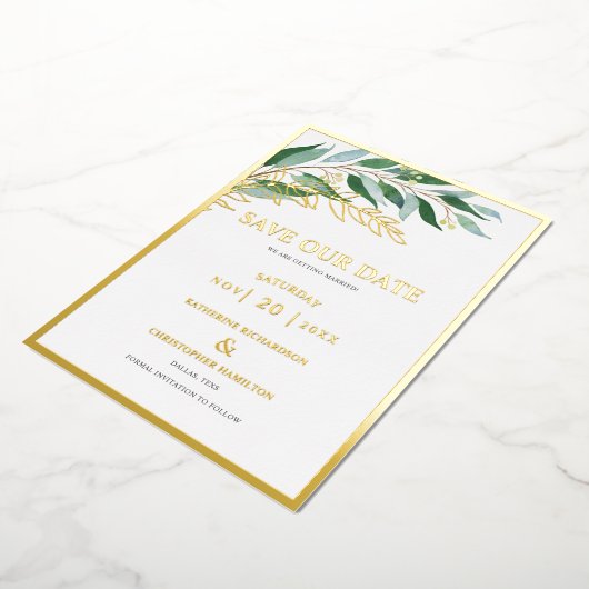 Elegant groen blad groen bewaar de datum folie uitnodiging (Gedraaid)