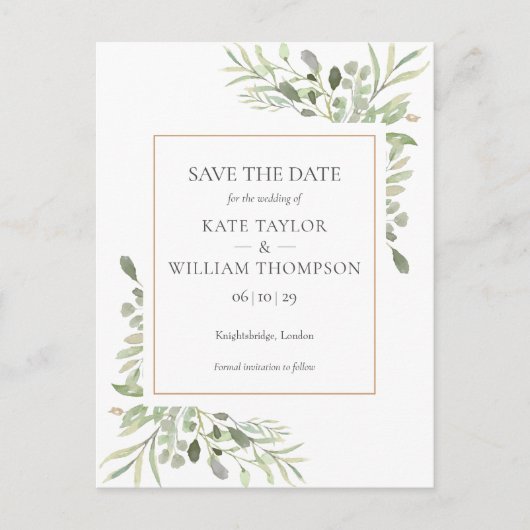 Elegant Groen Blad Huwelijk Datum Bewaren Aankondigingskaart (Voorkant)