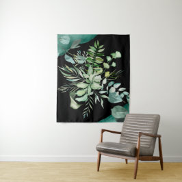 Elegant groen blad op zwarte achtergrond wandkleed