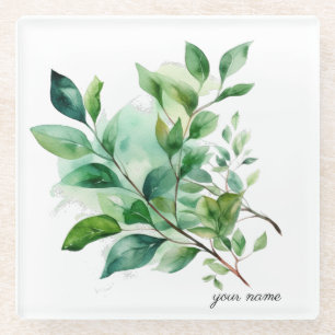 Elegant groen blad waterverf, op maat glazen onderzetter