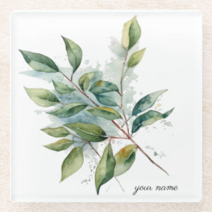 Elegant groen blad waterverf, op maat glazen onderzetter