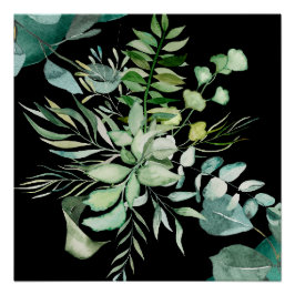 Elegant groen blad waterverf, zwarte achtergrond perfect poster