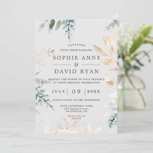 Elegant groen bladgoud All In One Trouwen Kaart (Staand voorkant)