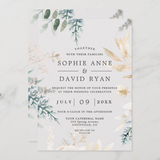 Elegant groen bladgoud All In One Trouwen Kaart (Voorkant / Achterkant)