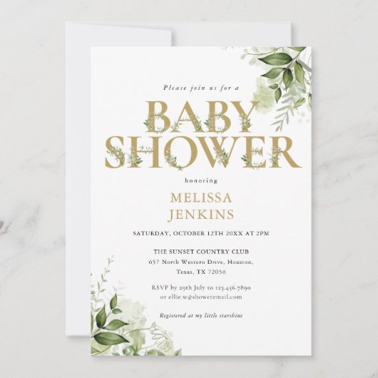 Elegant groen bladgoud letter babyshower kaart (Voorkant)