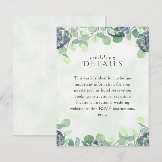 Elegant groen blauw bloemenbruiloft details Kaart (Voorkant / Achterkant)