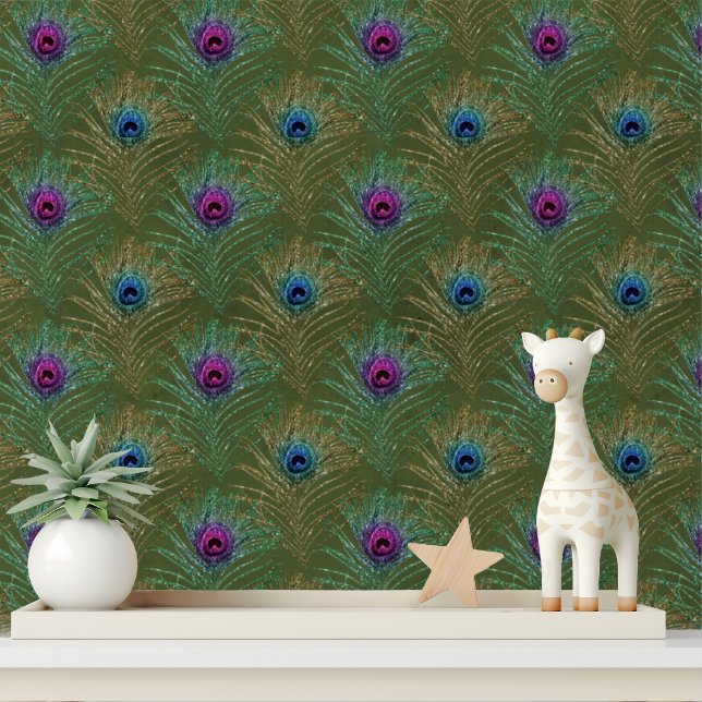Elegant Groen Blauw Glitter Peacock Veren Chic Behang (Creator heeft geüpload)