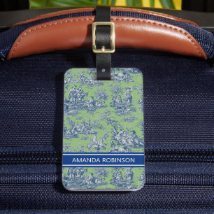 Elegant  groen blauw toile de jouy bagagelabel