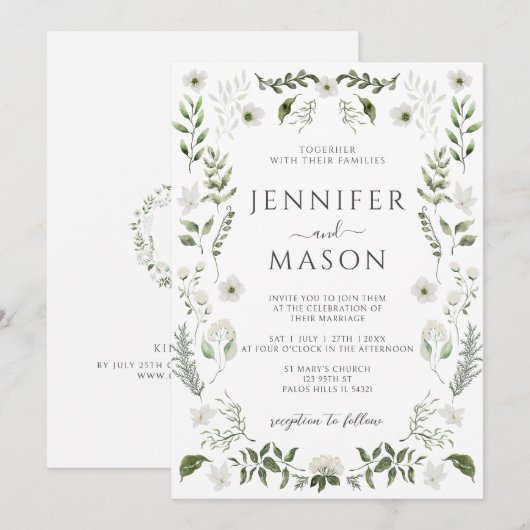 Elegant groen Bloemen Boheemse bruiloft Kaart (Voorkant / Achterkant)