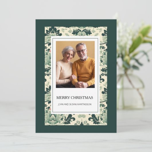 Elegant Groen  Bloemen Foto Vrolijk Kerstfeest Feestdagenkaart (Staand voorkant)