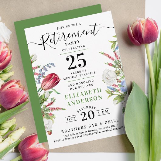 Elegant Groen Bloemen Pensioen Feest Kaart