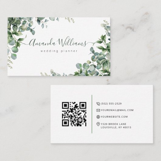 Elegant Groen Bloemen QR Code Visitekaartje (Voorkant / Achterkant)