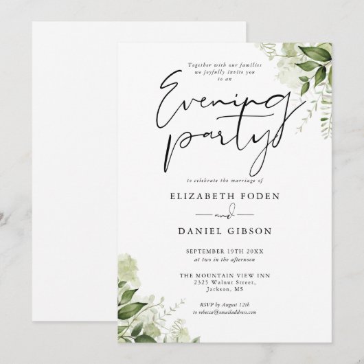 Elegant groen Bloemen Trouwavond Party Kaart (Voorkant / Achterkant)