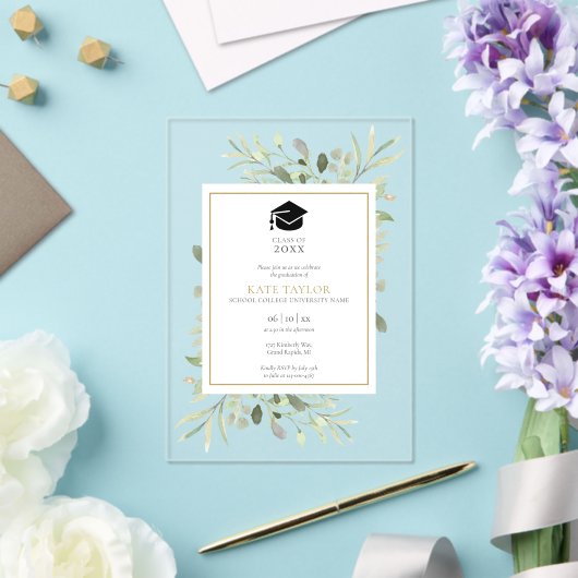 Elegant groen Bloemenafstudeerfeest Acryl Uitnodigingen (Insitu (Huwelijk))