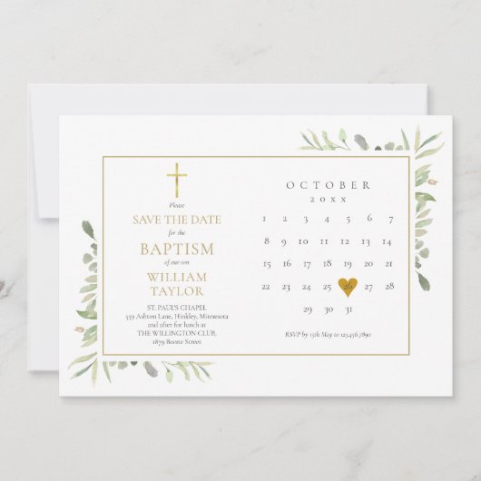 Elegant groen bloemendoopsel doop doop save the date (Voorkant)