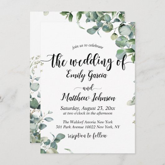 Elegant groen bloemeneucalyptus bruiloft kaart (Voorkant / Achterkant)