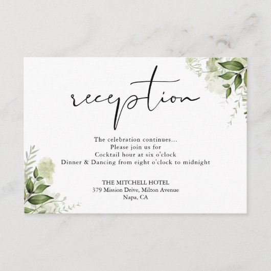 Elegant groen bloemenschrift bruiloft receptie informatiekaartje (Voorkant)