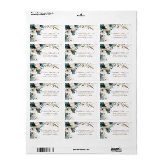 Elegant groen bloemig Blauwgroen gouden bruiloft Etiket (Full Sheet)