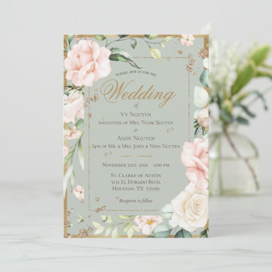 Elegant Groen Blush Roze Waterverf Bloem Bruiloft Kaart (Staand voorkant)