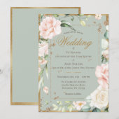 Elegant Groen Blush Roze Waterverf Bloem Bruiloft Kaart (Voorkant / Achterkant)