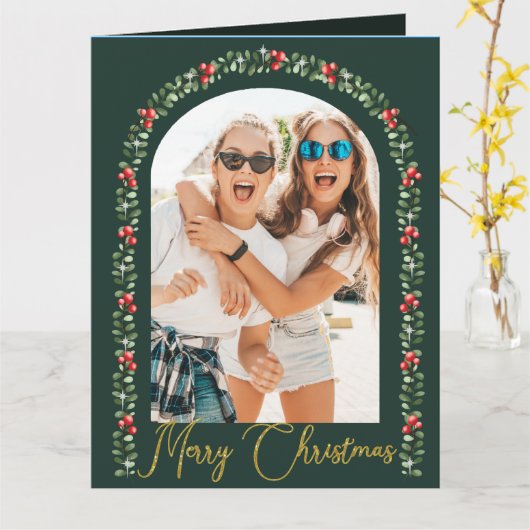 Elegant groen boog script foto kerst kaart (Gele Bloem)
