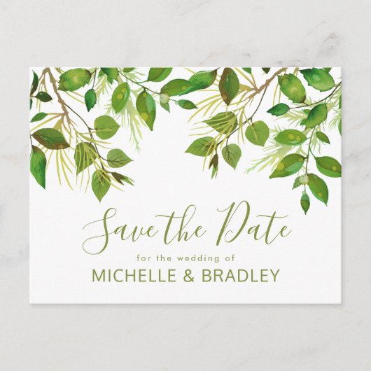 Elegant groen botanisch blad save the date aankondigingskaart (Voorkant)