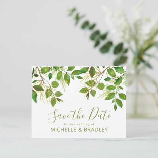 Elegant groen Botanisch gebladerte Save the Date Aankondigingskaart (Staand voorkant)