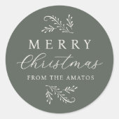Elegant Groen Botanisch Gepersonaliseerd Kerstfees Ronde Sticker (Voorkant)