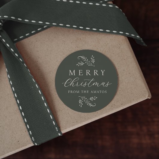 Elegant Groen Botanisch Gepersonaliseerd Kerstfees Ronde Sticker