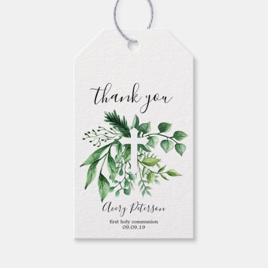 Elegant Groen Botanisch Kruis Eerste Heilige Commu Cadeaulabel (Voorkant)