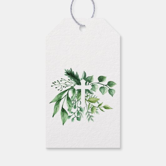 Elegant Groen Botanisch Kruis Eerste Heilige Commu Cadeaulabel (Achterkant)
