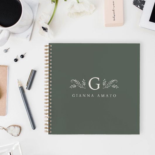 Elegant Groen Botanisch Monogram & Naam Notitieboek