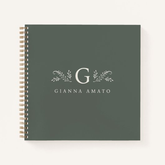 Elegant Groen Botanisch Monogram & Naam Notitieboek (Voorkant)