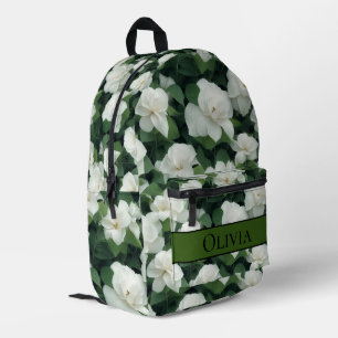 Elegant groen botanisch wit bloemen gepersonalisee bedrukte rugzak