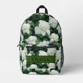 Elegant groen botanisch wit bloemen gepersonalisee bedrukte rugzak (Voorkant)