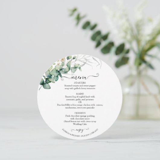 Elegant groen bruiloft cirkel menu Kaart (Staand voorkant)