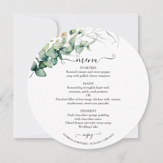 Elegant groen bruiloft cirkel menu Kaart (Voorkant)
