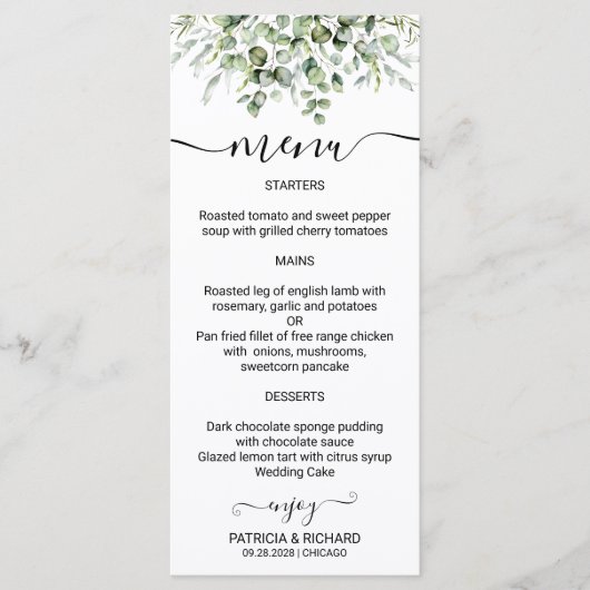 Elegant groen bruiloft menu Kaarten (Voorkant)