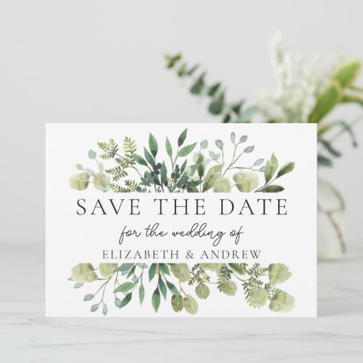 Elegant groen bruiloft Save the Date Flat Kaart (Staand voorkant)