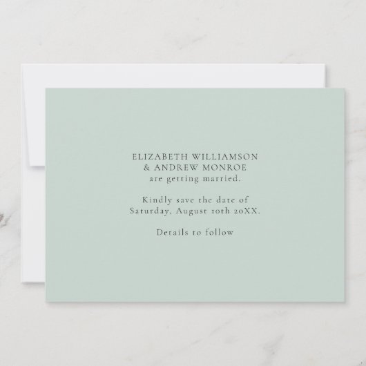 Elegant groen bruiloft Save the Date Flat Kaart (Achterkant)