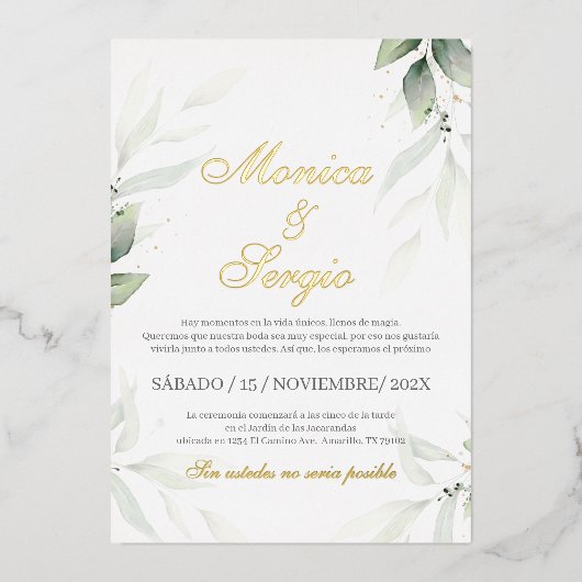 Elegant groen bruiloft uitnodiging in het Spaans (Voorkant)
