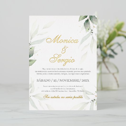 Elegant groen bruiloft uitnodiging in het Spaans (Staand Voorkant)