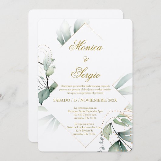 Elegant groen bruiloft uitnodiging in het Spaans (Voorkant / Achterkant)